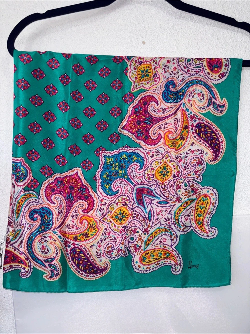Honey. vintage 100% silk scarf Honey Vibrant Teal Paisley Scarf Square 30x30